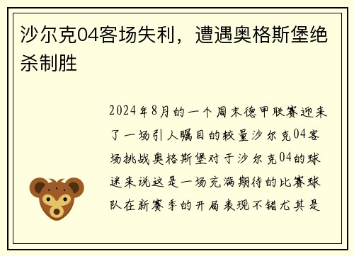 沙尔克04客场失利，遭遇奥格斯堡绝杀制胜